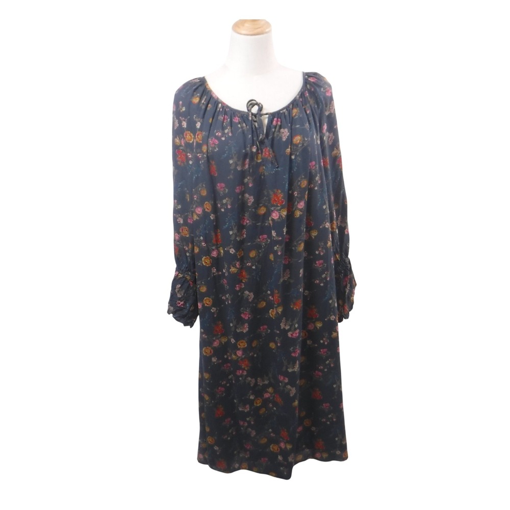 Lucky Brand Navy Blue Floral Long Sleeve Shift Dress Womens 2X Boho Tie Neck